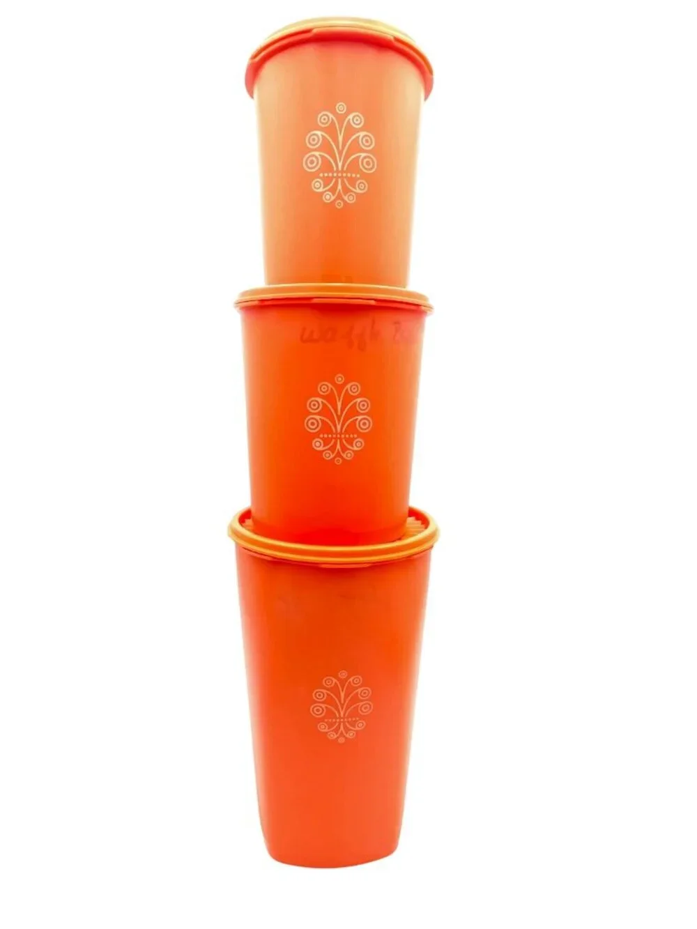 Vintage Tupperware Orange Canisters Lids Set Of 3 Nesting Floral Design Kitchen - Picture 1 of 9